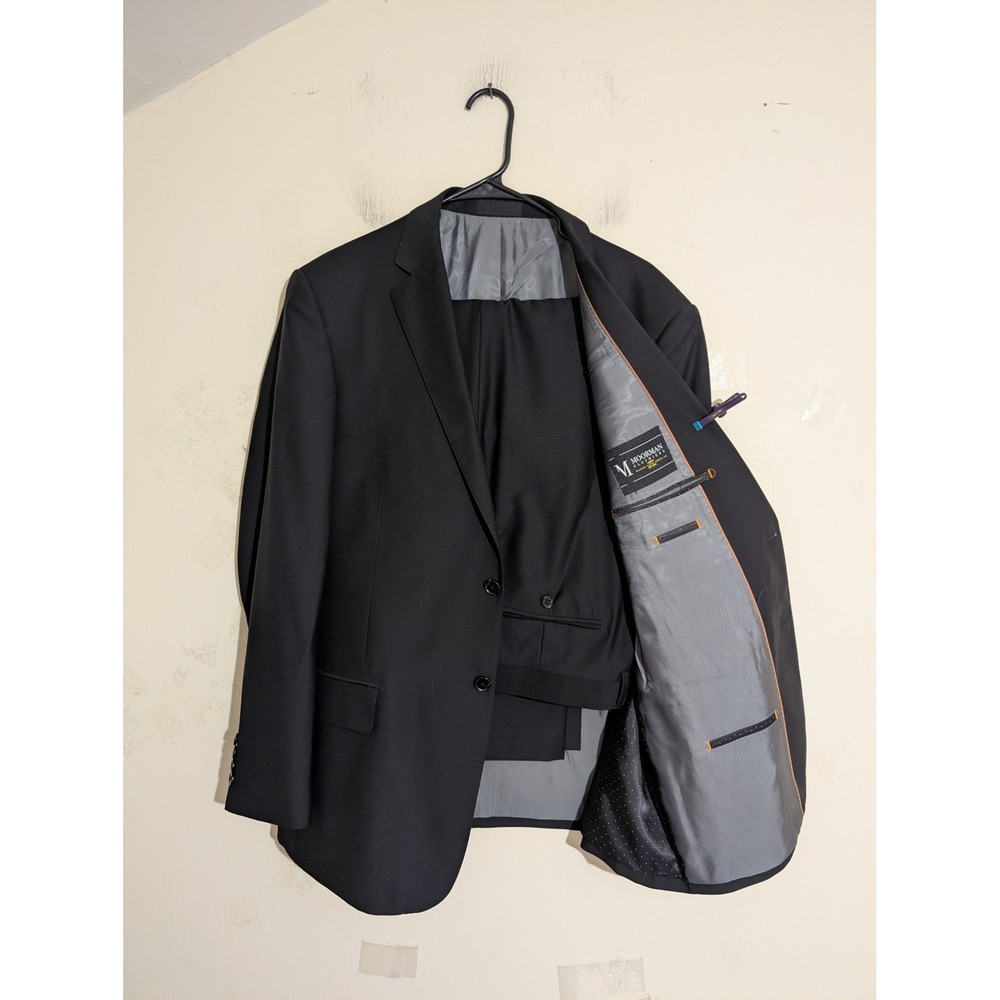 Moorman Clothiers Novello Suit 44R 38R Black Wool Lanificio Di Biella 2pc Mens